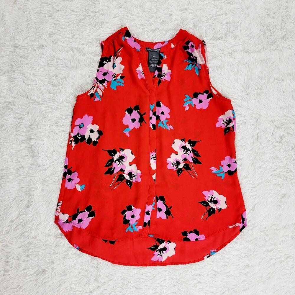 Red Floral Sleeveless V Neck Top Women M‎ M Polyester